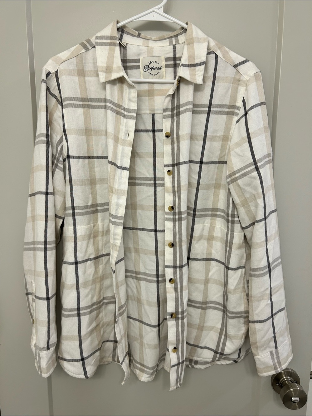 JACHS Girlfriend Cream and Gray Plaid Button-Down Shirt